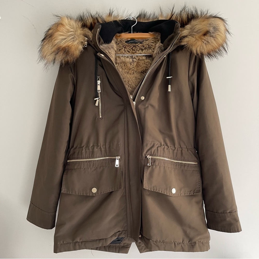 Zara olive winter parka with faux fur removable hood